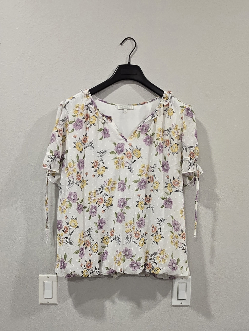 Blousology Floral Tie-Sleeve V-Neck Blouse - White with Purple & Yellow Flowers